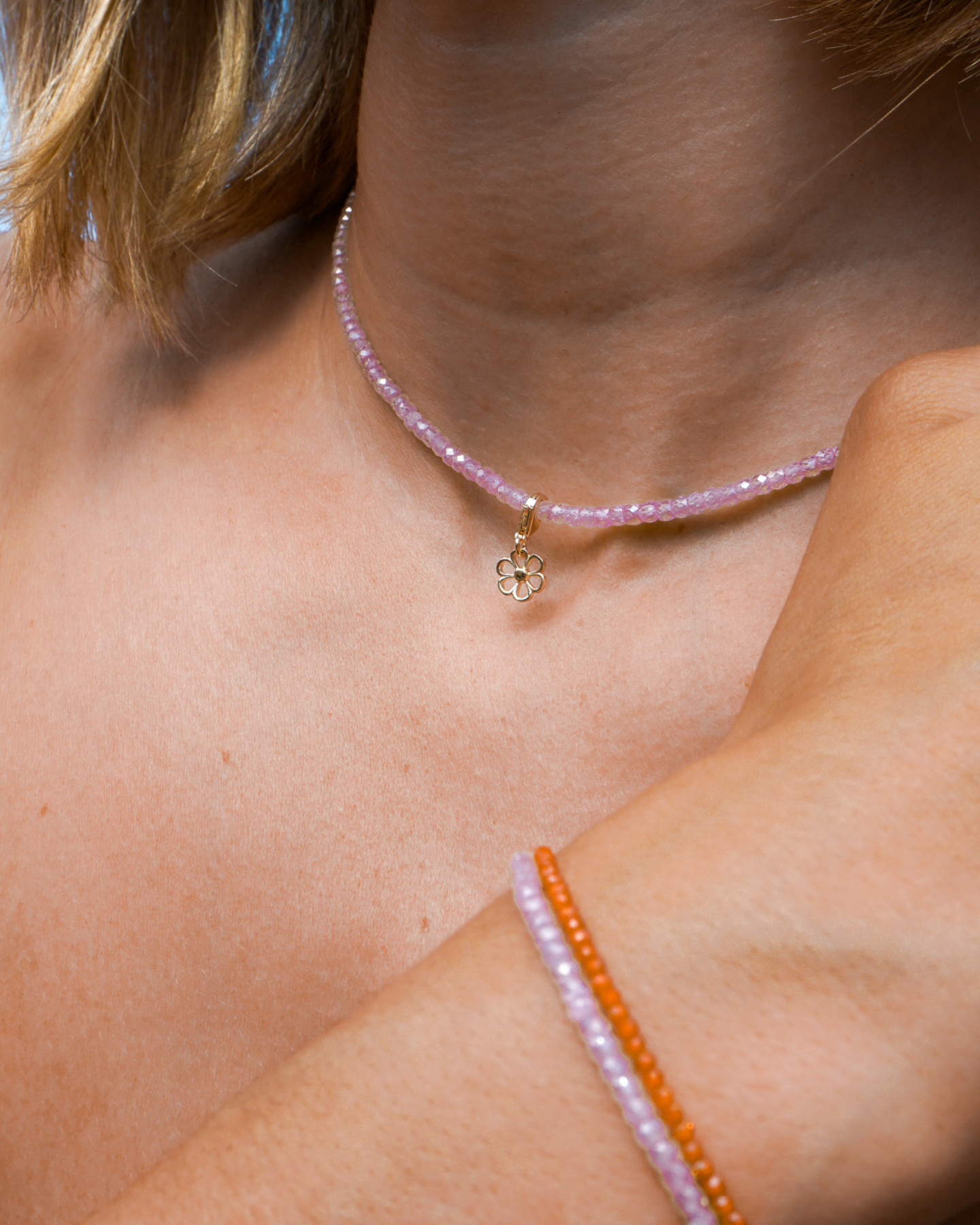Purpley Pink Beaded Necklace Silver