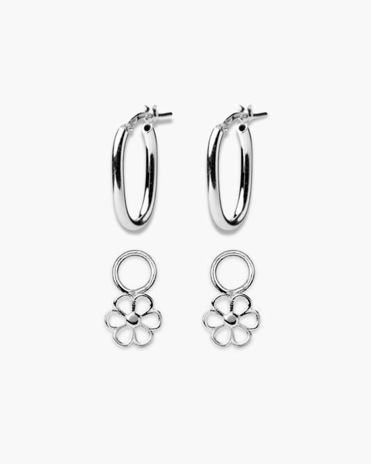 Pretty Blossom Oval Hoop Set Silver