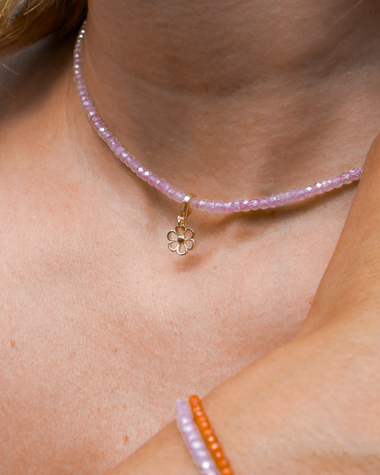 Purpley Pink Beaded Necklace Gold
