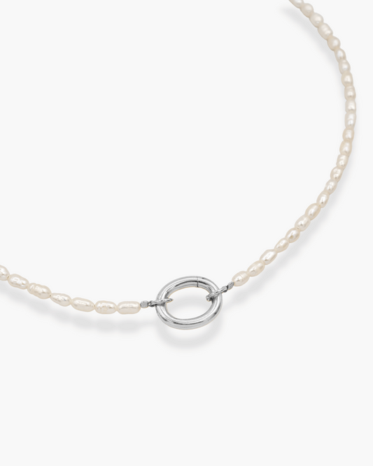 Oval Front Clasp Pearl Necklace Silver